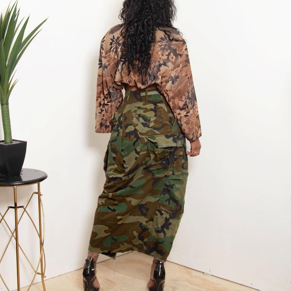 Women's Fashion Camouflage Slit Long Skirt