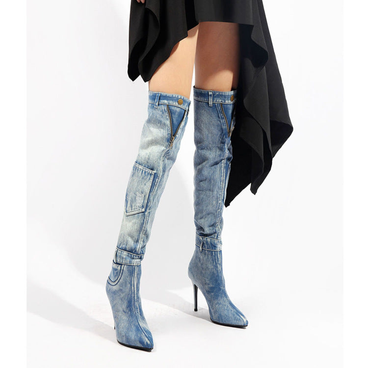 New Denim Over The Knee Elegant Slim Heel High Heel Riding Boots