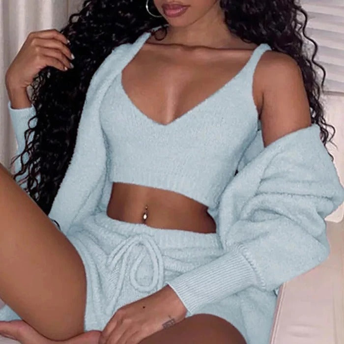 Long Sleeve Crop Tank Top Shorts Pajama Set