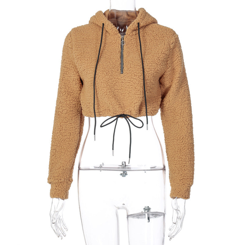 Hoodie Lambswool Teddy Faux Fur Sweatshirt Long Sleeve Zip Up Crop Top Women Winter Fall Clothes Cute Streetwear