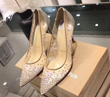 Mesh Rhinestone Transparent Women's Single Shoes Pointed High Heels Women