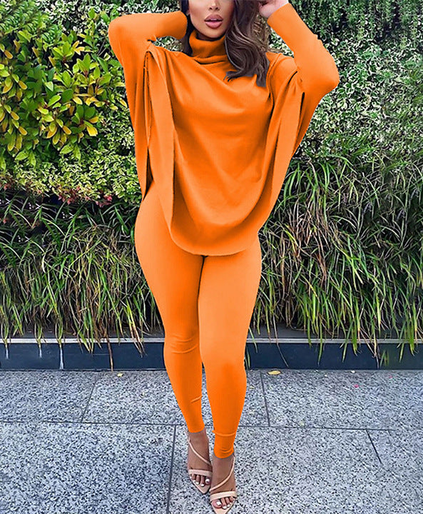 Independent Station Hot Sale Autumn And Winter Hot Style Casual Solid Color Bat Sleeve Suit Plus Size Two-Piece