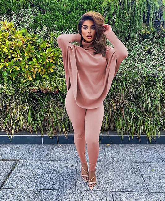 Independent Station Hot Sale Autumn And Winter Hot Style Casual Solid Color Bat Sleeve Suit Plus Size Two-Piece