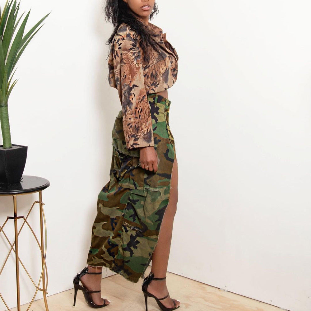 Women's Fashion Camouflage Slit Long Skirt