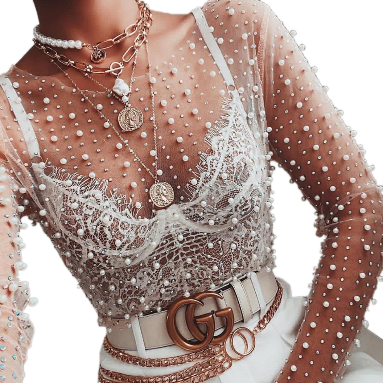 Women's Fashion Lace Shirt Bright Diamond Beads Inner Wear Outer Wear Mesh Top