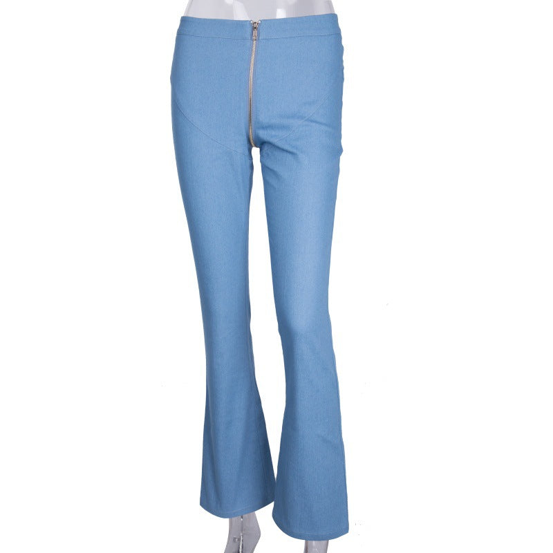 Zipper skinny jeans woman sexy light blue stretch denim pants club vintage bell bottom flare pants