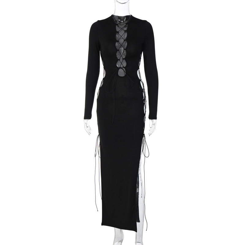 Autumn New Hollow Lacing Slim Open Long-sleeved Dress