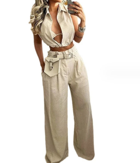 Solid Color Lapel Sexy Sleeveless Top Casual Pants Set