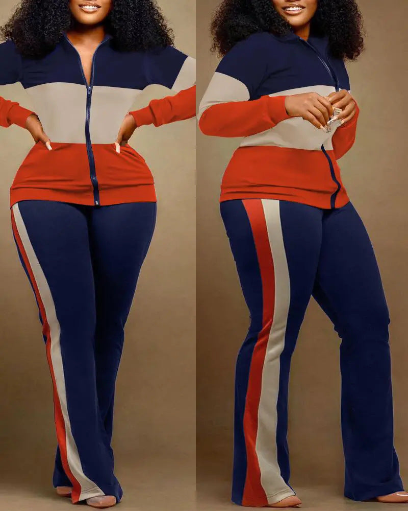 Women Casual Sports Style Zipper Top Sweatpants Two Piece Set