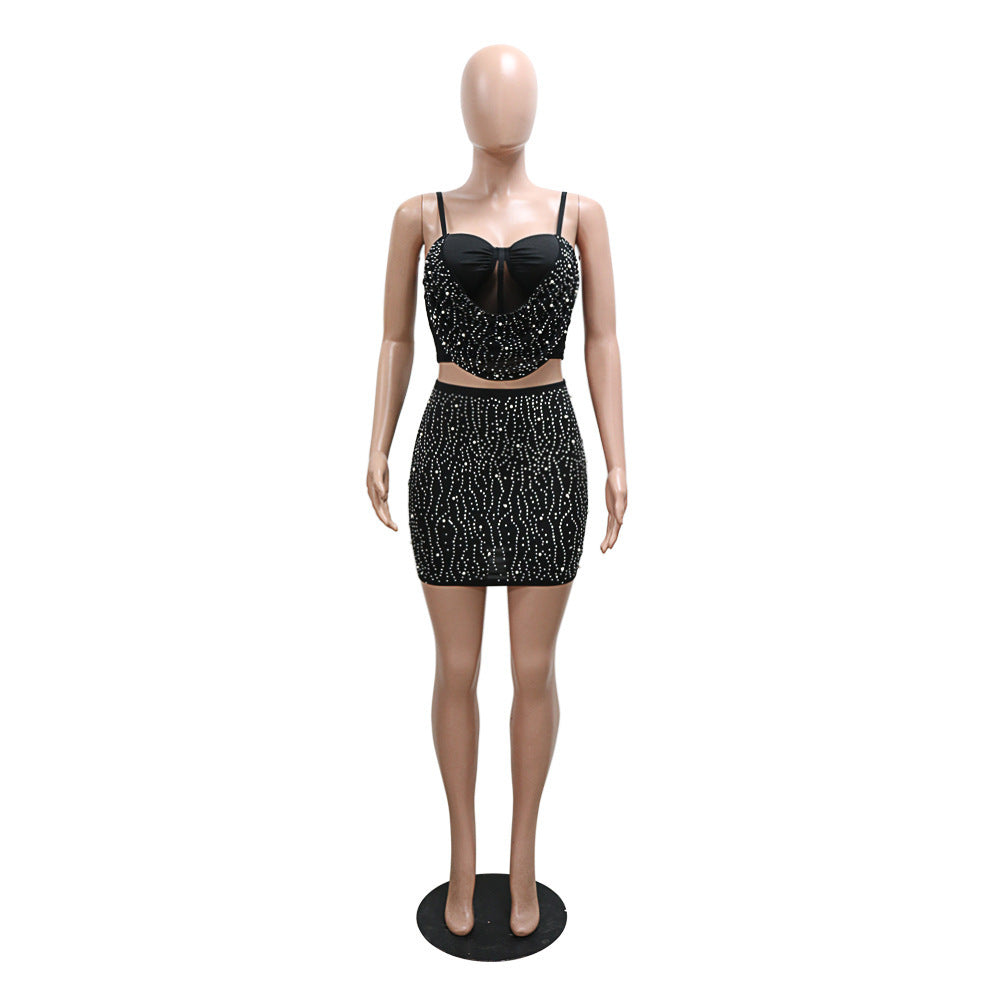 Women's Fashion Rhinestone Sling Short Top Sheath Skirt Suit