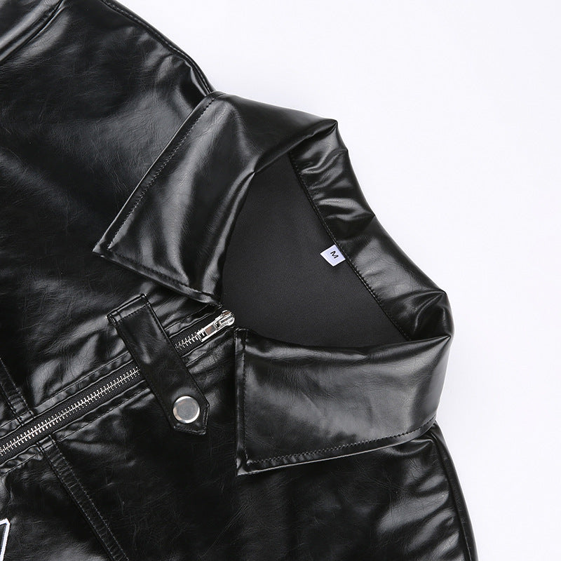 Women's Lapel Zippered Short Leather Coat