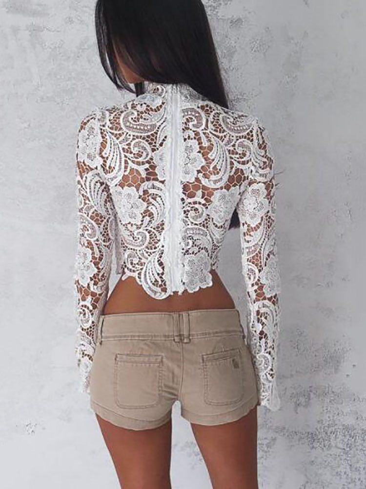 Lace sexy long-sleeved short top