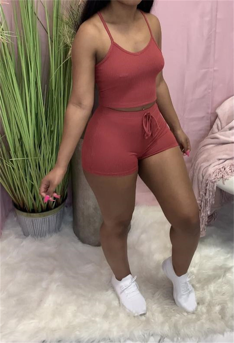Women's Casual Sports Solid Color Sling Hot Pants Two-piece Suit