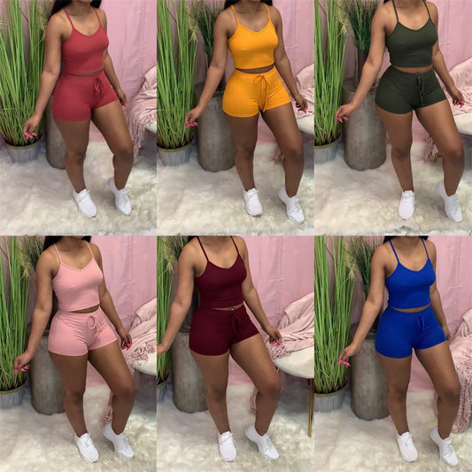 Women's Casual Sports Solid Color Sling Hot Pants Two-piece Suit
