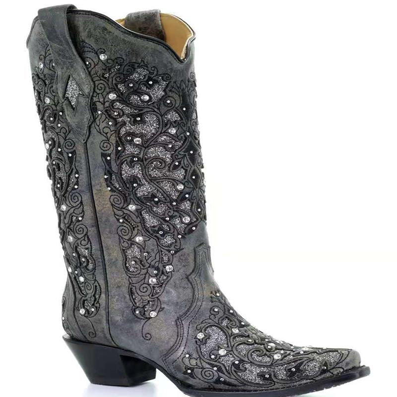 Women Rhinestone Cowgirl Boots Hollow Flower High Boots