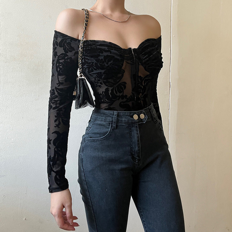 Lace Printed Slim-fit Jumpsuit European And American Style Flocking Off-shoulder Long-sleeved Top