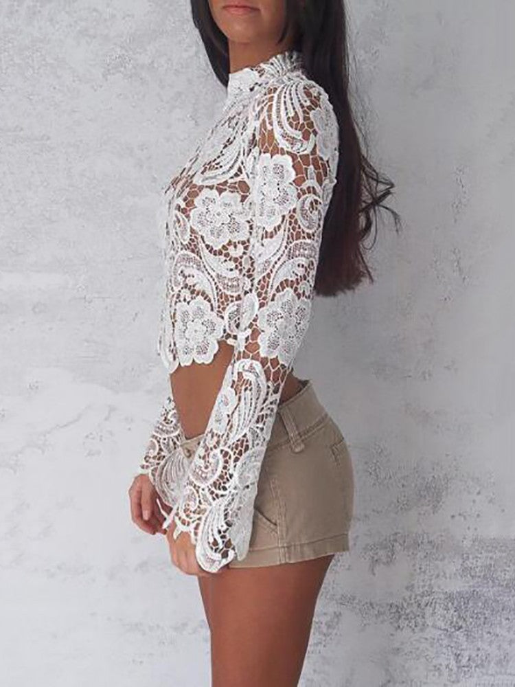 Lace sexy long-sleeved short top