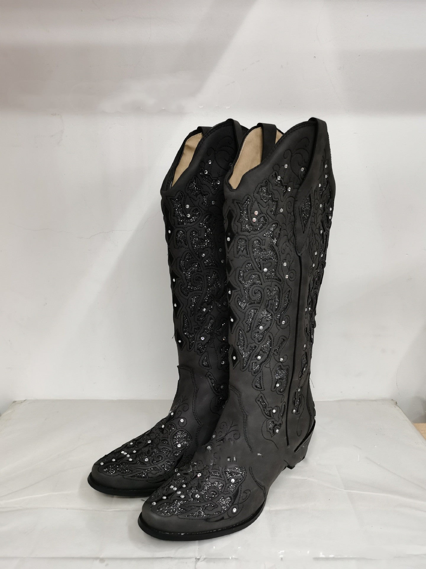 Women Rhinestone Cowgirl Boots Hollow Flower High Boots