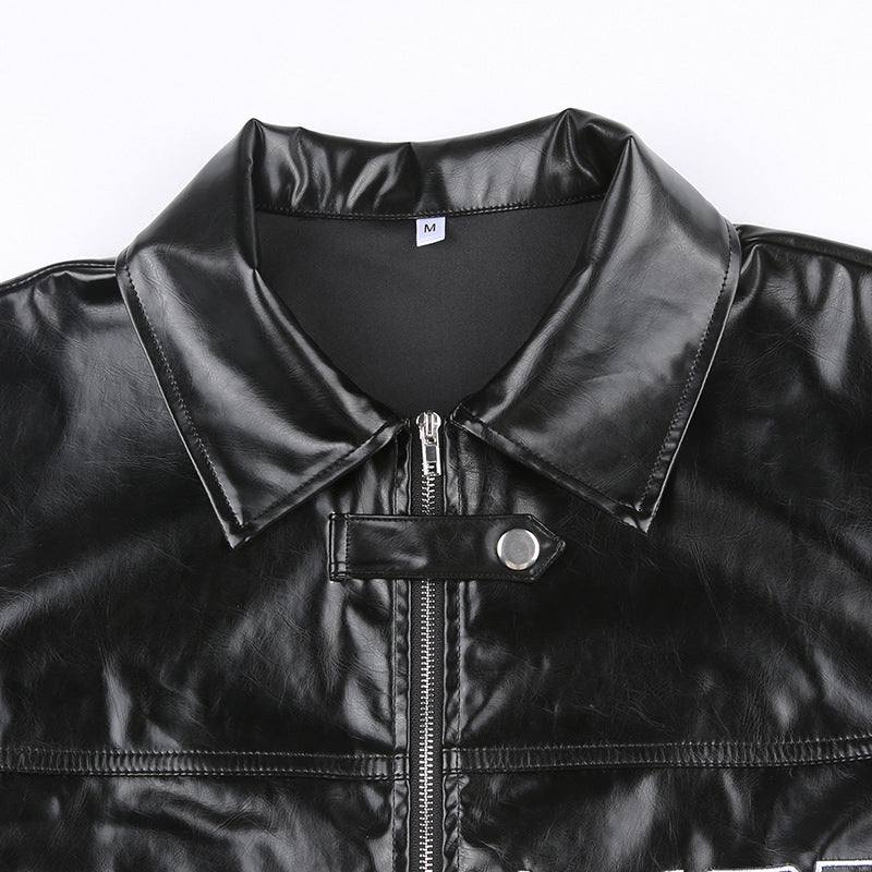 Women's Lapel Zippered Short Leather Coat
