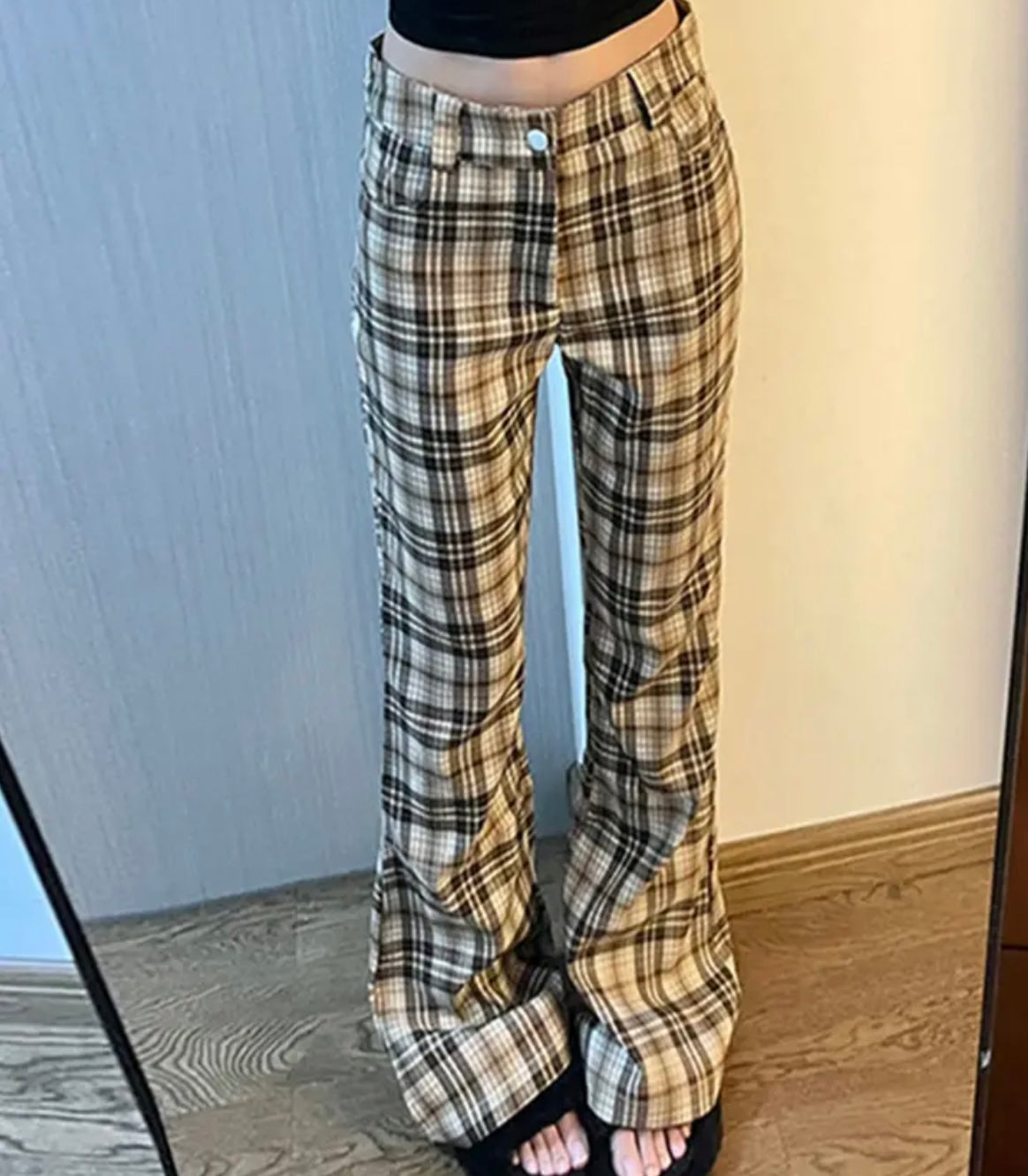 Fashion Plaid Flare Long Trousers Bell Bottom Grunge