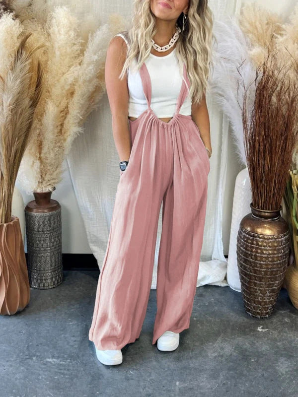 Women's Fashion Casual Solid Color Sling Wide-leg Trousers