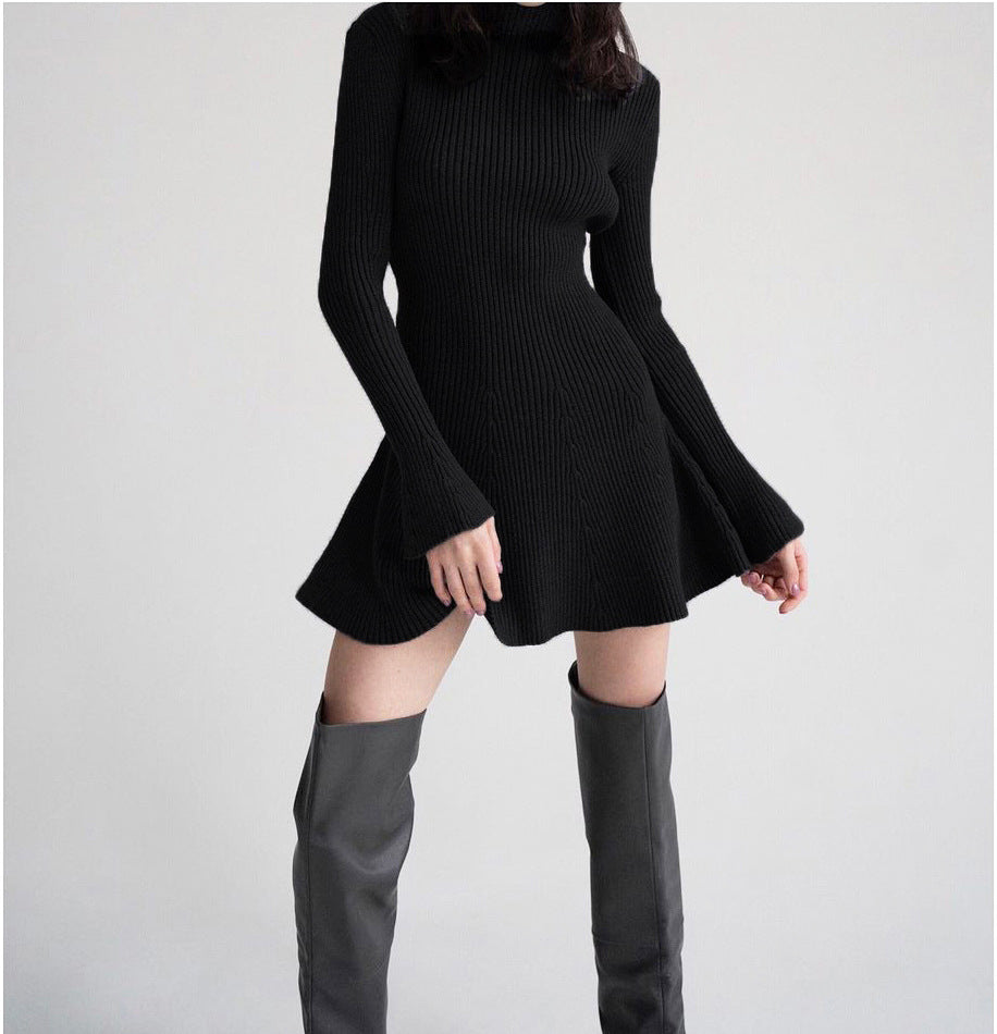 Autumn And Winter Long Sleeves Solid Color Top Turtleneck Sweater High Waist Tight Short Knitted A- Line Dress