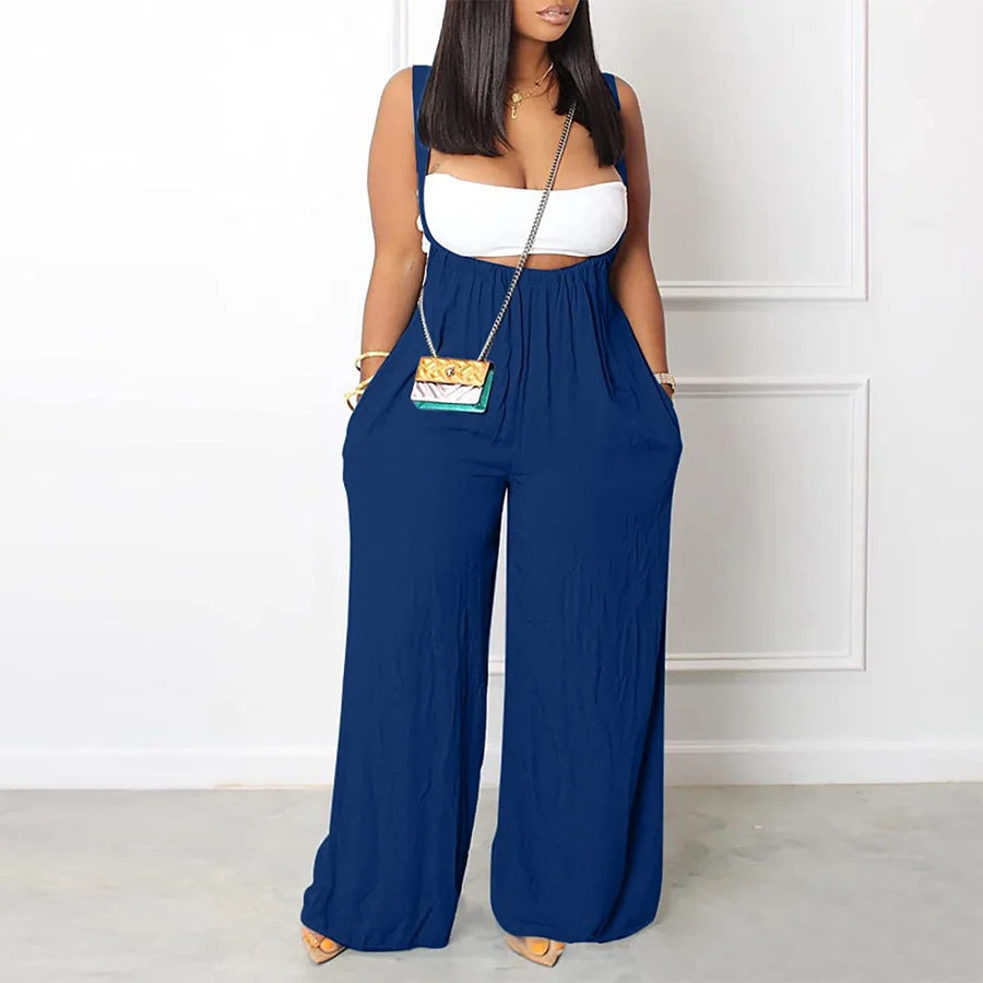 Women's Fashion Casual Solid Color Sling Wide-leg Trousers