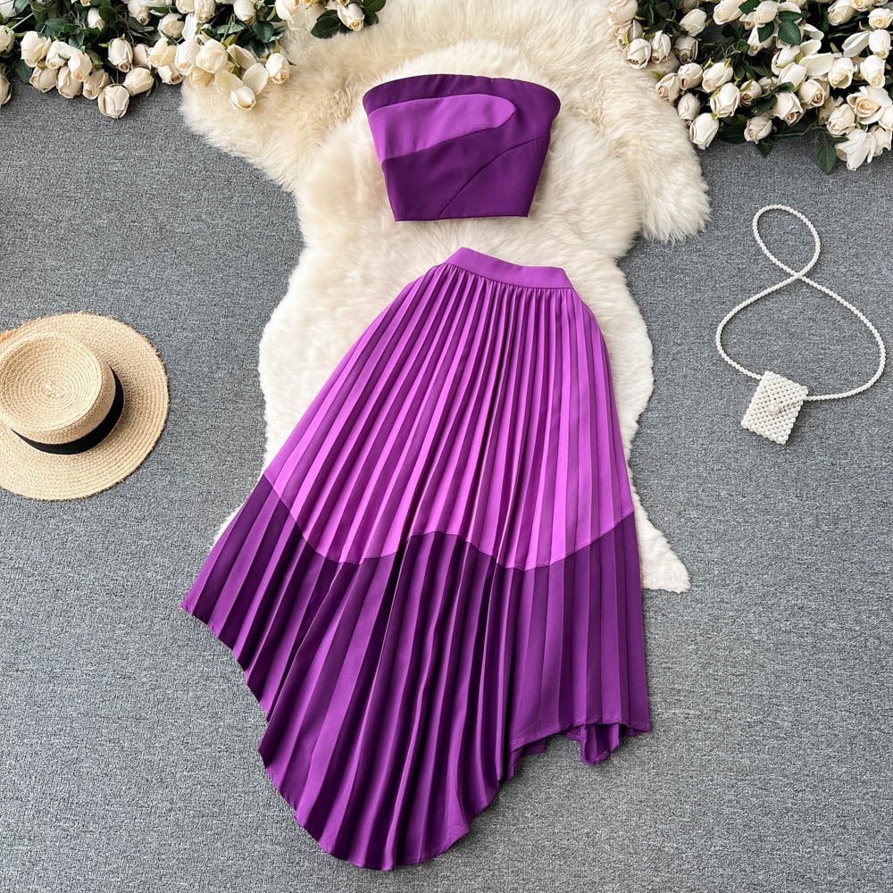 Contrast Color Tube Top Irregular Pleated Skirt