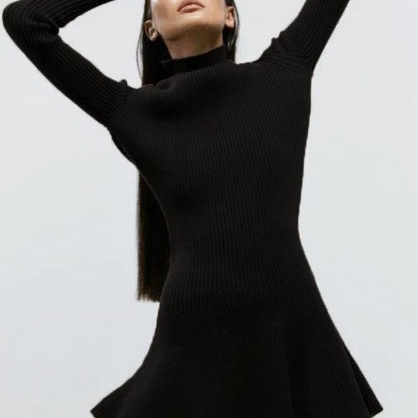 Autumn And Winter Long Sleeves Solid Color Top Turtleneck Sweater High Waist Tight Short Knitted A- Line Dress