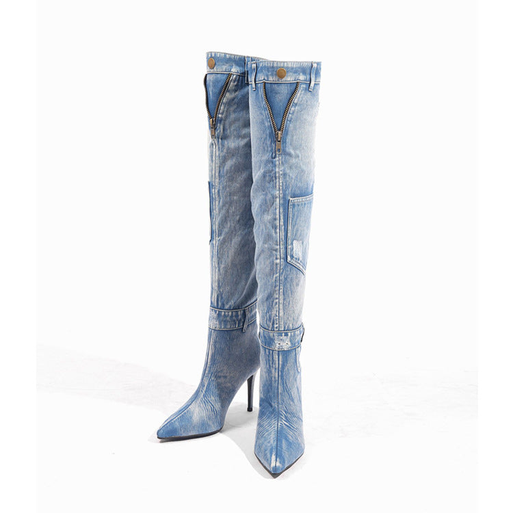 New Denim Over The Knee Elegant Slim Heel High Heel Riding Boots