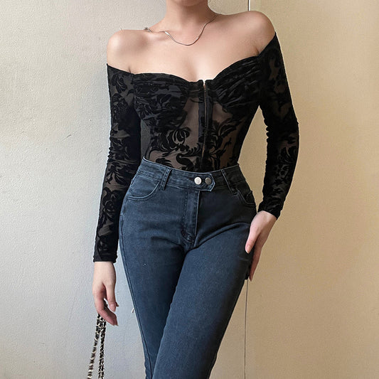 Lace Printed Slim-fit Jumpsuit European And American Style Flocking Off-shoulder Long-sleeved Top