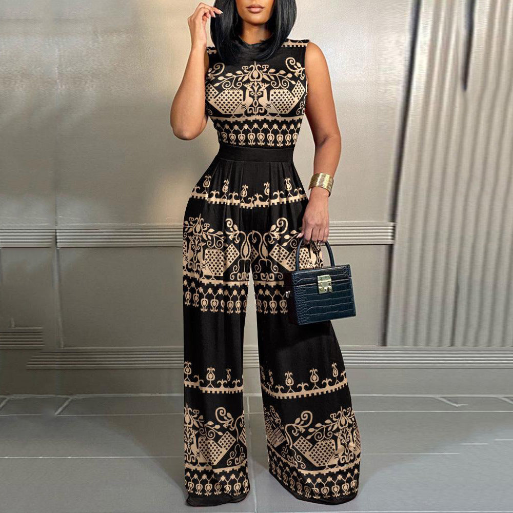 Spring Leisure Slim Print Sleeveless Women's Jumpsuit