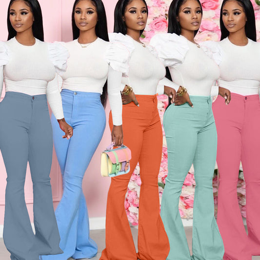 Solid Color Woven Bell-bottom Pants Suit