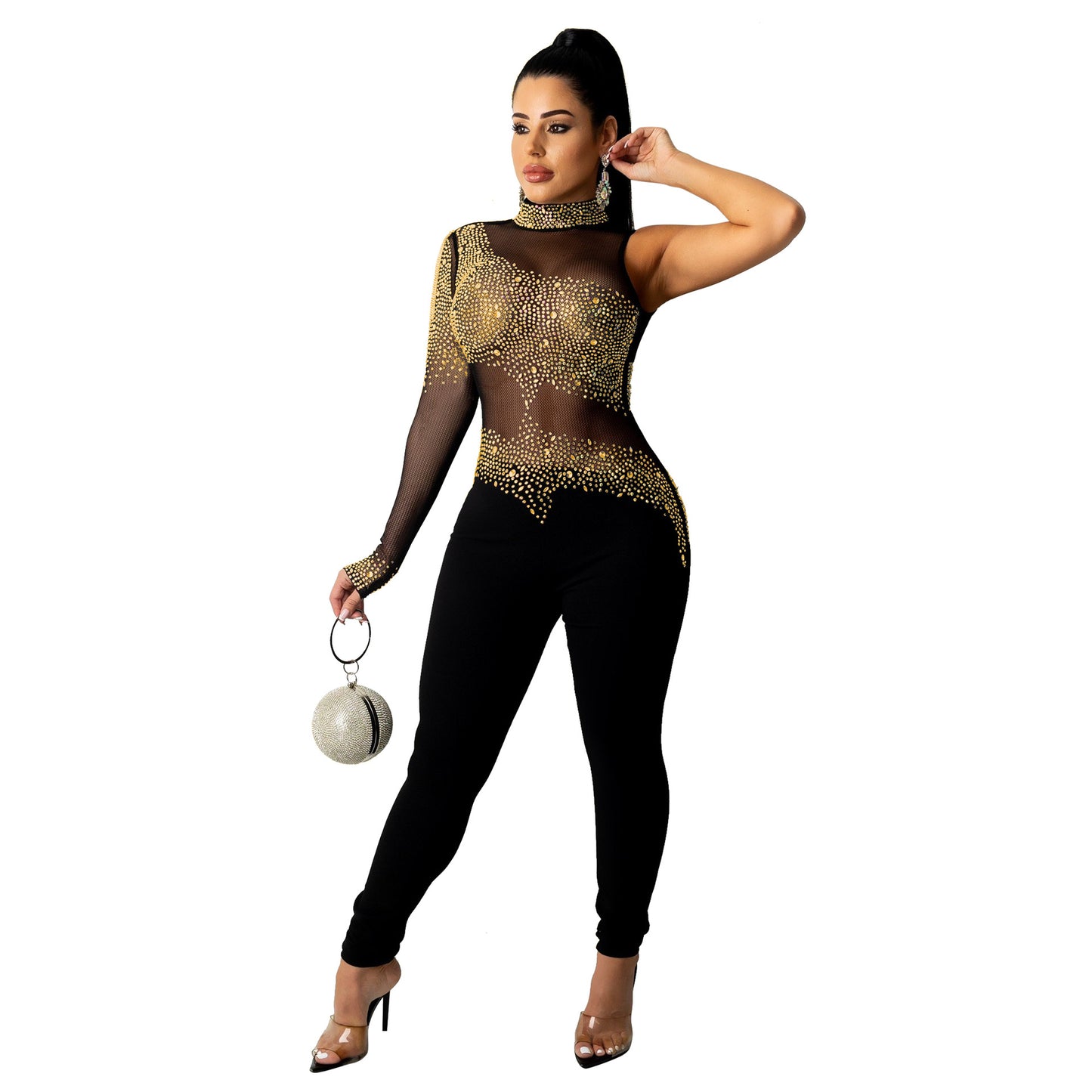 Fashion Sexy Mesh See Through Hot Drilling Trousers